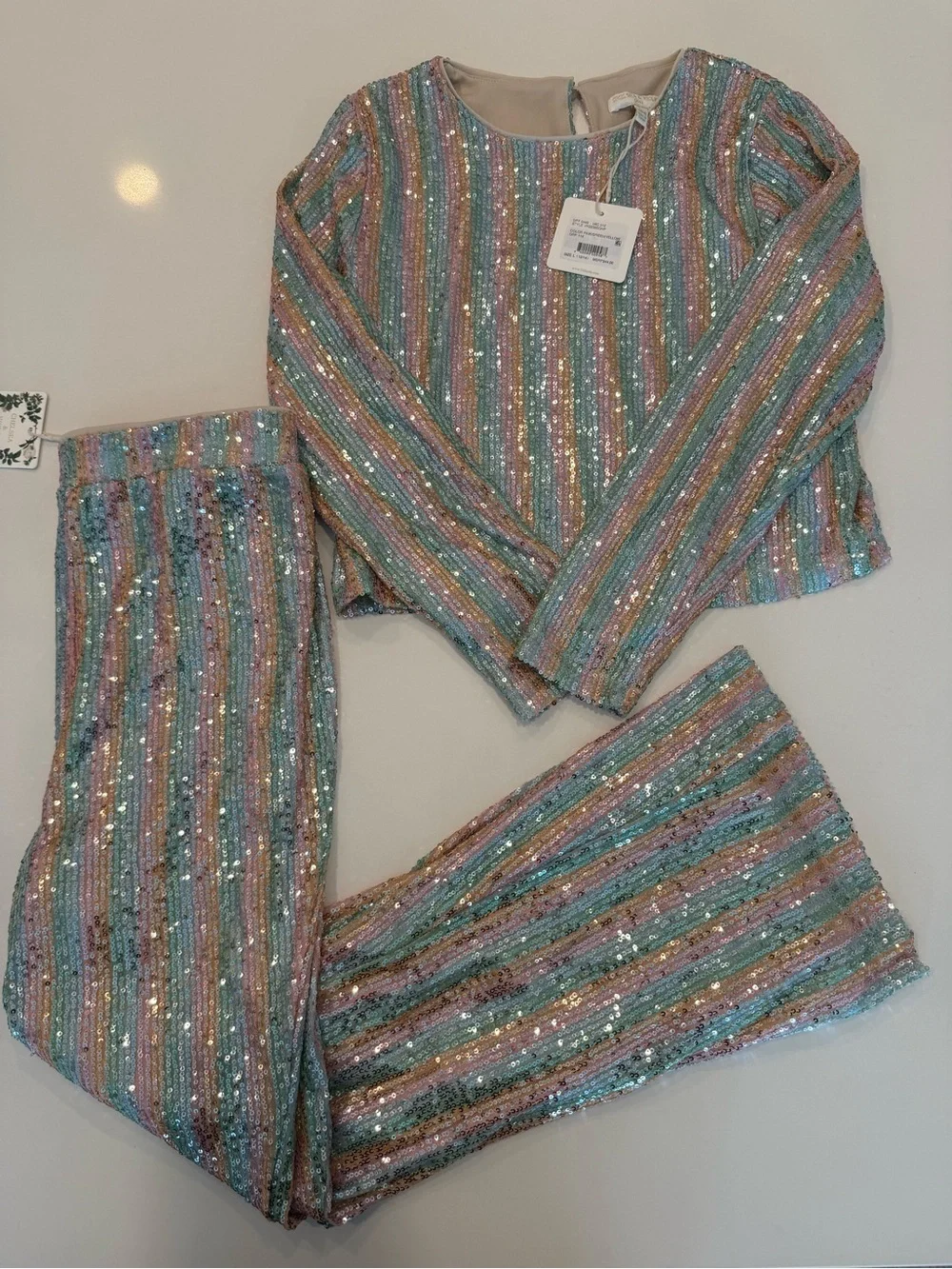 NWT Chelsea & Violet Girls Sequin Pastel Striped Crop Top & Pants Set